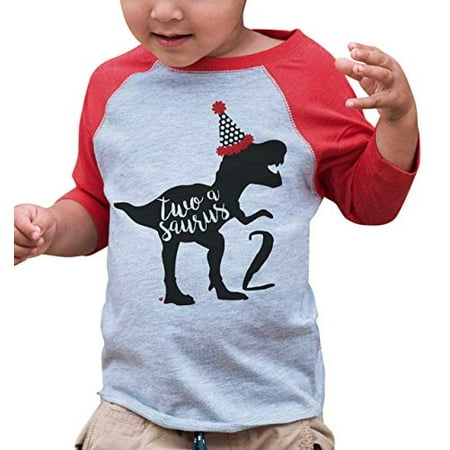 

7 ate 9 Apparel Dino Two Birthday Dinosaur Red Baseball Tee 2T