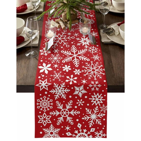 Christmas Table Runner Christmas Snowflake Table Runners Winter Snow Red Cotton Linen Dresser Scarf Kitchen Dining Table Decor for Christmas Holiday Party Decor 13x36 Inch