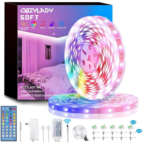 Tira de luces LED para dormitorio: tira de luces LED de música ultralarga de 50 pies para decoración de habitación, decoración de dormitorio, habitación de niños Adepaton CJWUS-2908