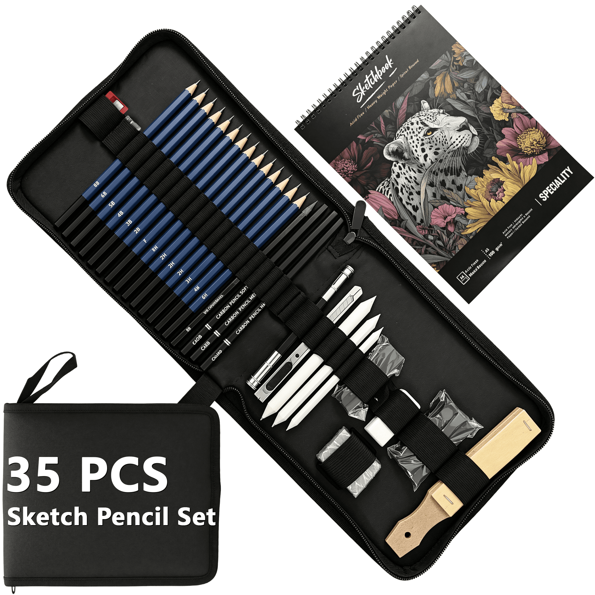 35 Piece Sketching and Drawing Pencils Set, Professional Sketch Kit with Sketch Book, Graphite & Charcoal Pencils, Zipper Carry Case for Beginners, Teens and Adults