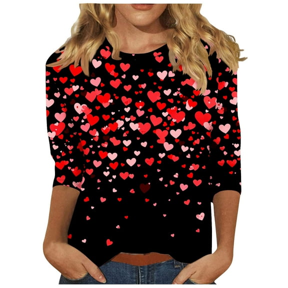 Valentine's Day T-Shirt for Women Loose 3/4 Sleeve Heart Print Shirts Casual Crew Neck Blouses Three-quarter Sleeve Pullover Top