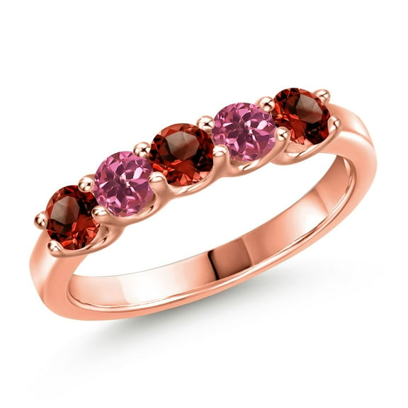 Gem Stone King 18K Rose Gold Plated Silver Red Garnet and Pink Tourmaline Wedding-Bands Ring for Women | 0.90 Cttw | Round 3.5MM | Gemstone January Birthstone | Size 6