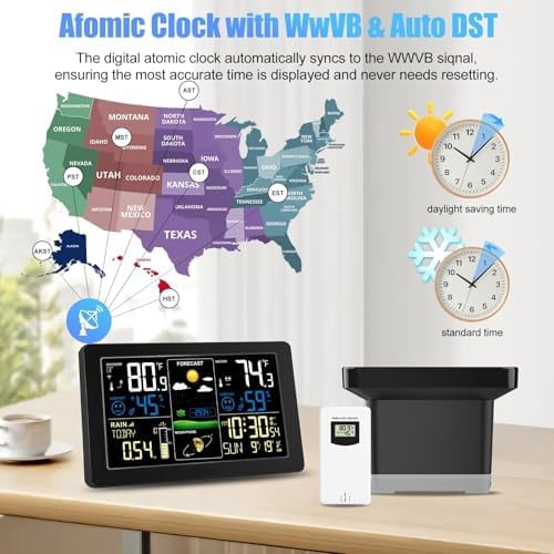 Digital Rain Gauge and Weather Station, Wireless Rain Gauge Outdoor, Home Weather Stations Wireless Indoor Outdoor with Thermometer, Barometer, Hygrometer, Atomic Clock, Weather Forecast and Alerts