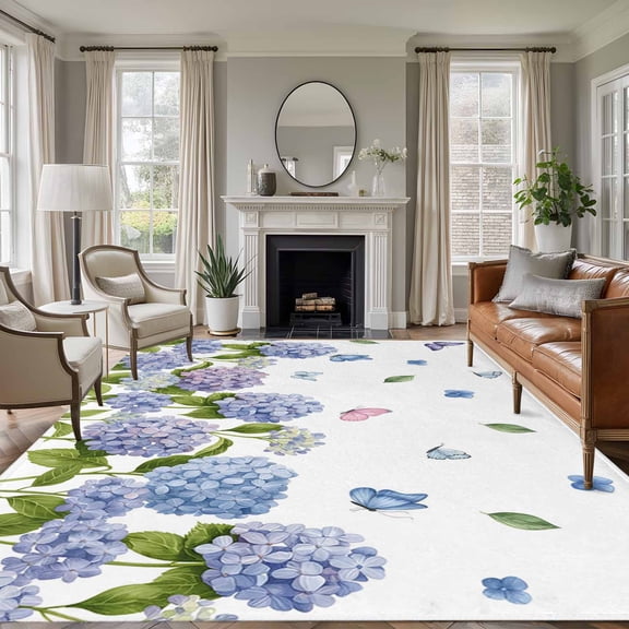 Spring Hydrangeas Area Rug 5x7 Washable Rug Non Slip Purple Floral Butterfly Leaves Large Area Rug Soft Stainresistant Indoor Floor Carpet for Living Room Bedroom Home Office Dining Room Nursery