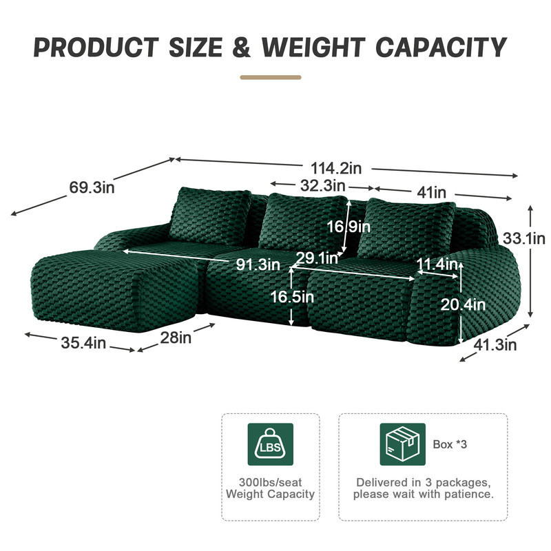 114" Modern L-Shaped Modular Sectional Sofa for Living Room,Flannelette Fabric,Oversized 3-Seater Couch,boneless sofa ,Movable Ottoman,Buckle connection,Anti-slip Design,No Assembly,Green