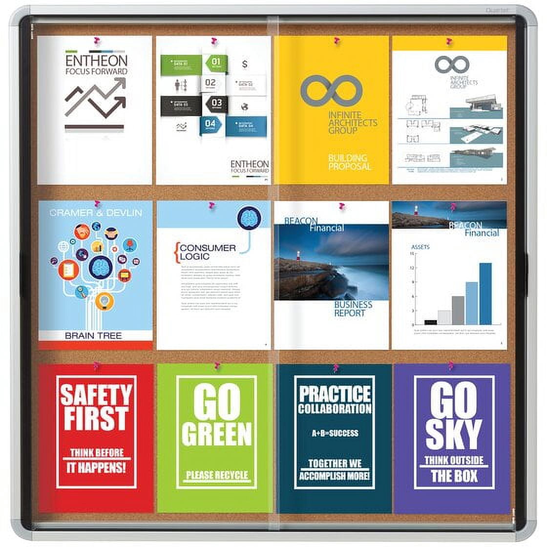 Quartet Enclosed Cork Bulletin Board, 38" x 39" or 12 Sheets, 2 Sliding Doors, Aluminum Frame EISC3938