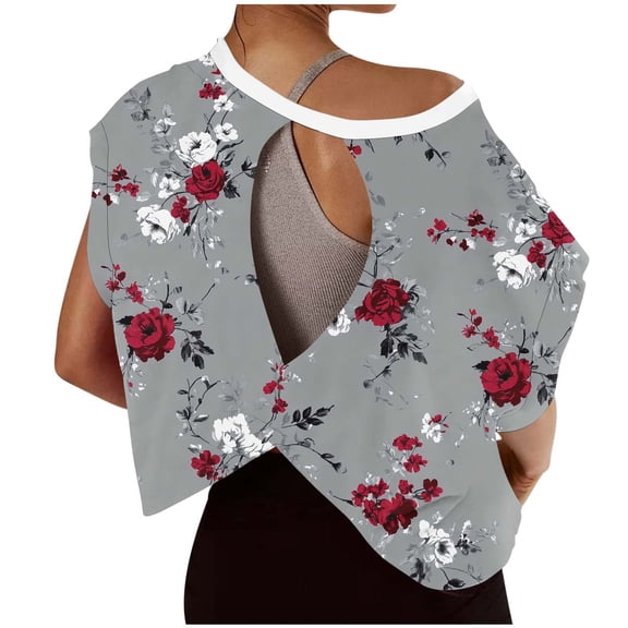 Anqov T Shirts for Women, Fashion Printed Short Sleeve Workout Shirts Open Back Tops, Daily Fitness Athletic Yoga Casual Crop Running Gym Tees