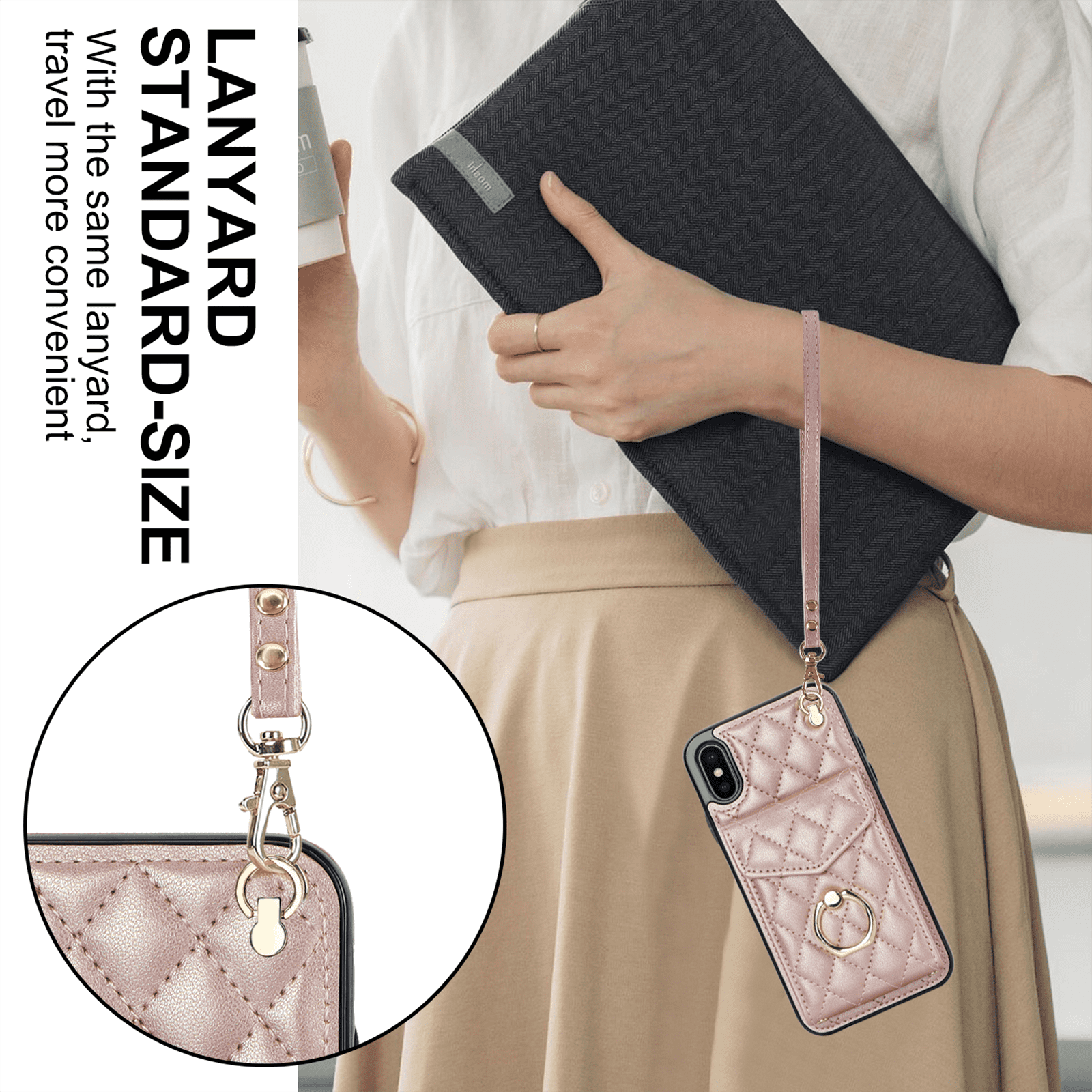 Asuwish Wallet RFID Blocking PU Leather Cell Phone Case with Tempered Glass Screen Protector, Wrist Strap for iPhone X/XS, Rose Gold