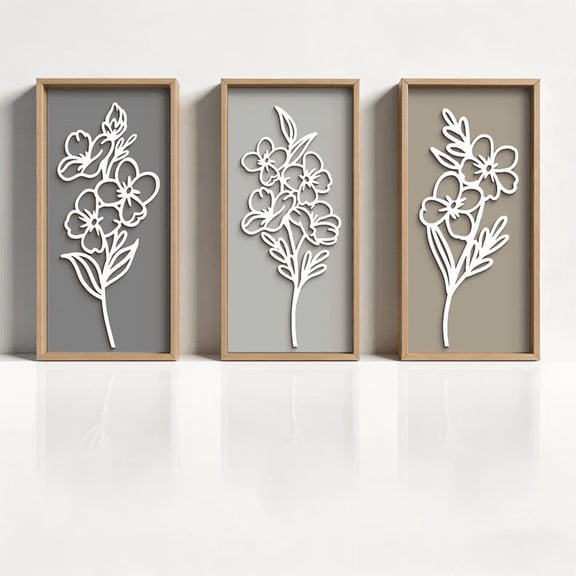 TOARTi 3D Wooden Floral Wall Art Framed Minimalist Flower Boho Rustic Botanical Sculpture Set of 3 For Living Room Bedroom Farmhouse 8x16 Inch