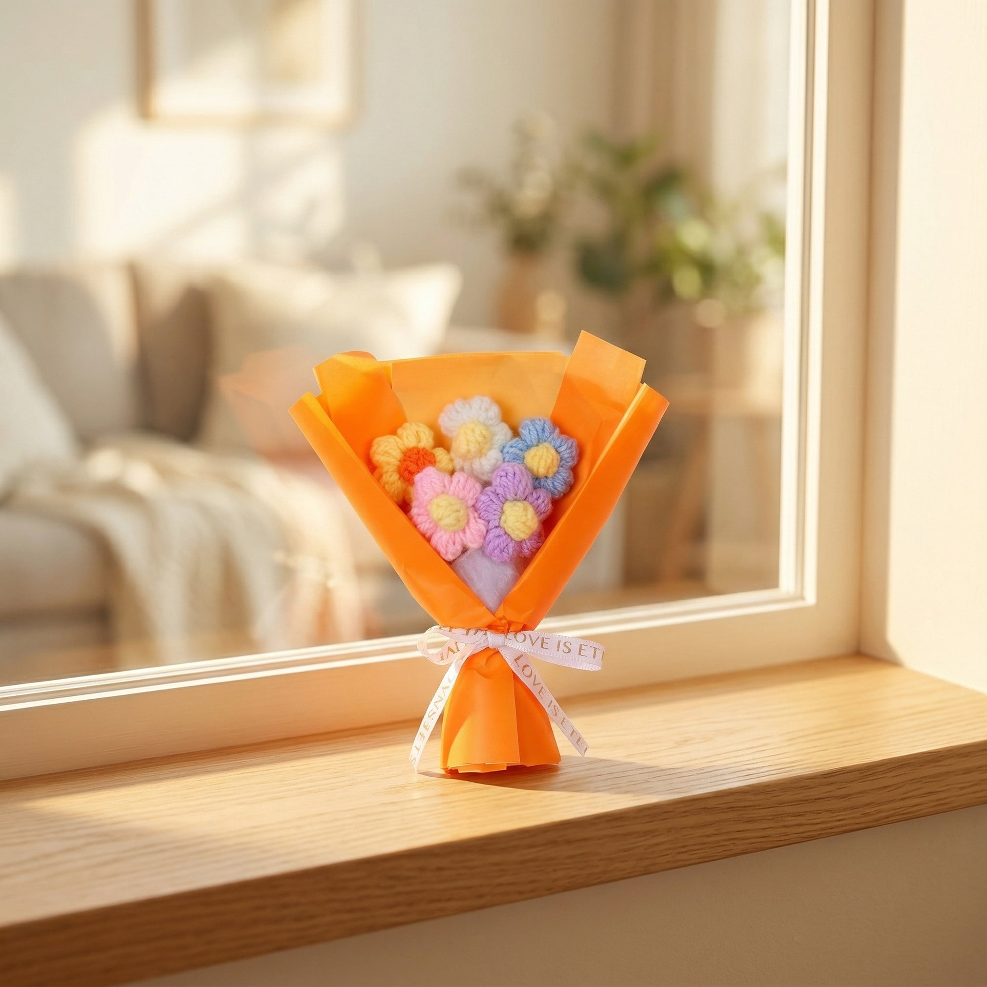 Unique Bargains Handmade Crochet Eternal Knitted Flowers Bouquet with Wrap Orange 7.1 in