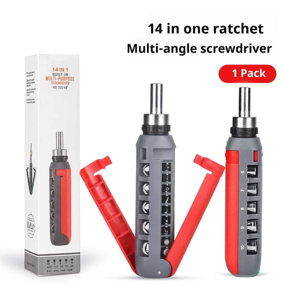 14-in-1 Ratchet Screwdriver, Multi-Angle Screwdriver Set with 180-Degree Rotating Head, 48-Tooth Two-Way Ratchet, Compact All-in-One Tool for Home Improvement, Furniture Repair and DIY Projects