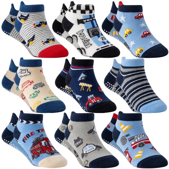 9 Pairs Baby Boys Grips Ankle Socks Kids Toddlers Infants Anti Slip Non Skid Funny Cartoon Crew Breathable Cotton Socks