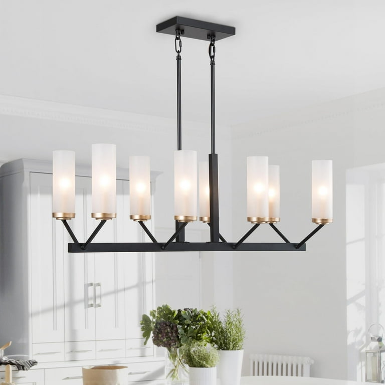 LNC 8 Light Matte Black and Gold Modern Contemporary Frosted Glass