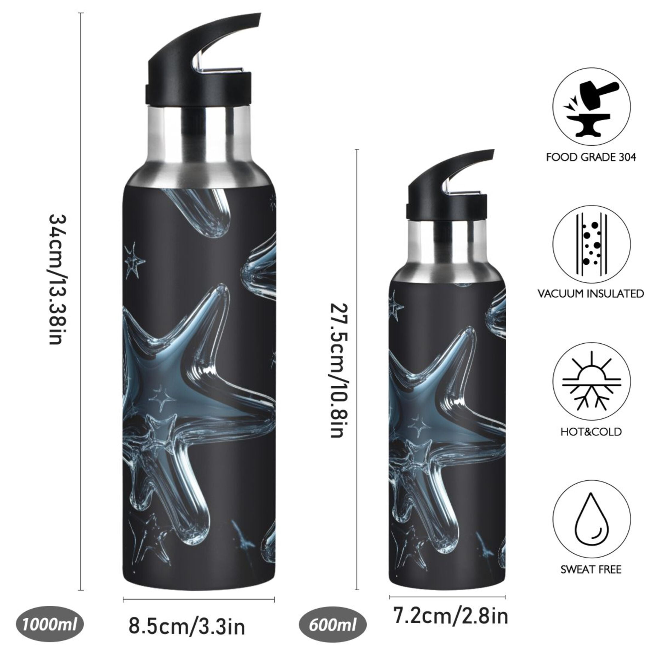 Transparent Glass Stars Sports Bottle with Straw Stainless Steel Water Jug Portable Thermal Cup Leak-proof 1000ML