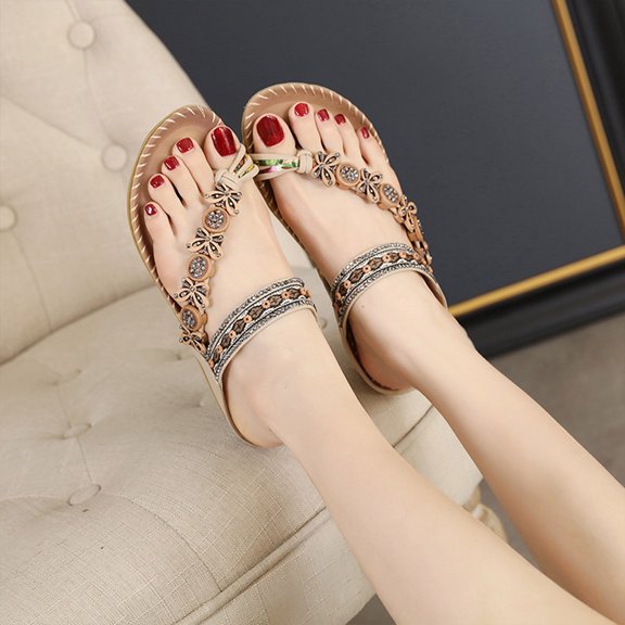 AXXD Beige Sandals for Women Summer New Floral Rhinestone Flat Toe Over Boho Sandals Casual Beach