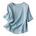 thumbnail image 2 of Aobny Plus Women's Tshirt Blue Linen T-Shirt Elbow-Length Crew Neck Fashion&nbsp;Tops for Women Trendy,XXXXL, 2 of 7