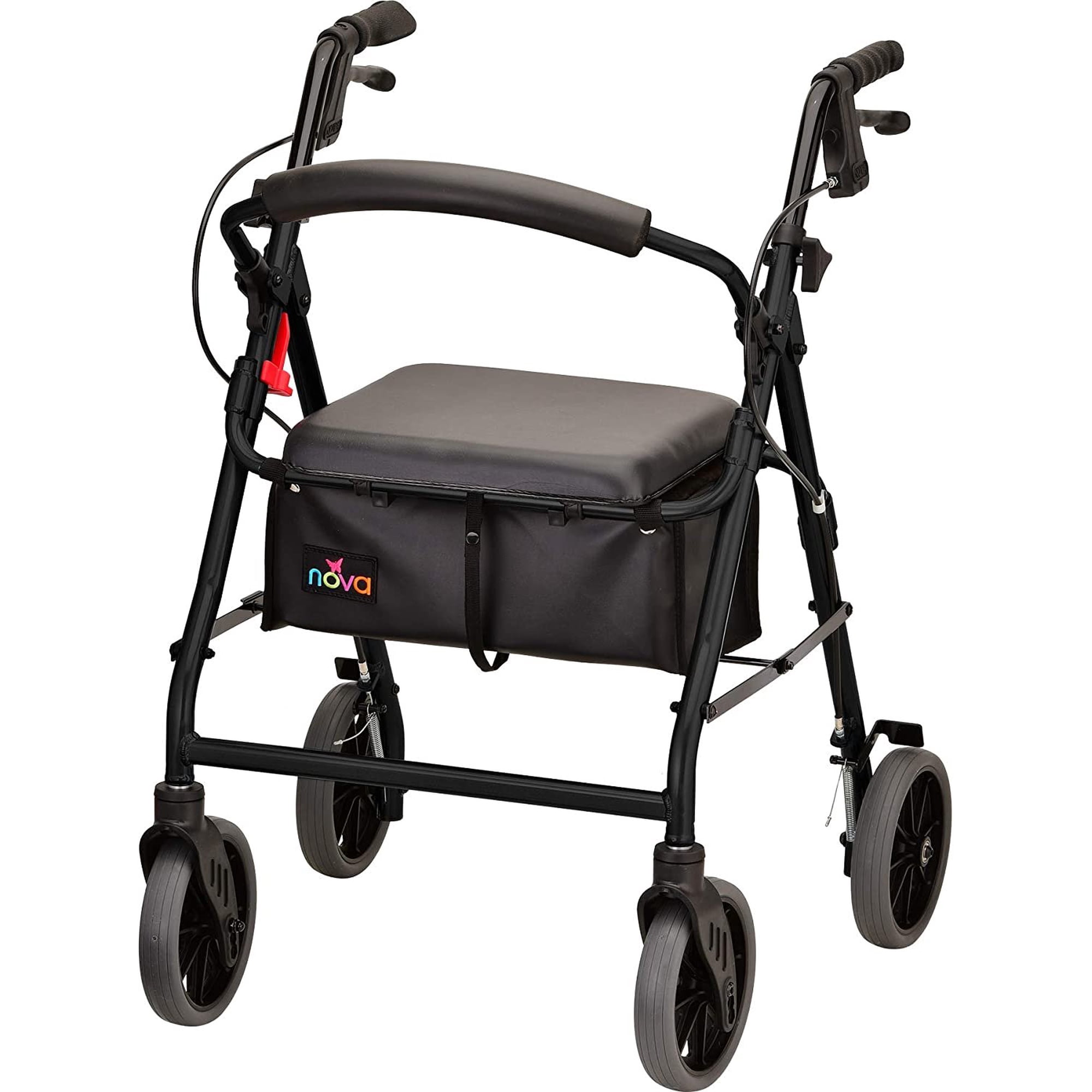 NOVA Zoom Rollator Walker with 22 Seat Height, Rolling Walker with Locking Hand Brakes, Padded Seat and 8 Wheels, Color Red