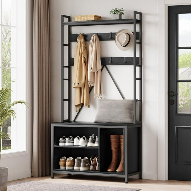 Farmhouse Hall Tree with Bench and Coat Rack, 17 Hooks + 3 Shoe Storage, Entryway Furniture for Small Space, Rustic Entryway Organizer for Mudroom, Hallway, Bedroom