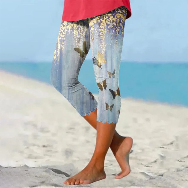 ICHUANYI Clearance Women's Summer Casual Elastic Waist Printed Cropped Beach Pants(Gold, L) ICHUANYI WER2023080902226