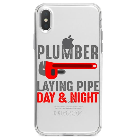 DistinctInk Clear Shockproof Hybrid Case for iPhone XS Max (6.5" Screen) - TPU Bumper Acrylic Back Tempered Glass Screen Protector - Plumber - Laying Pipe Day & Night