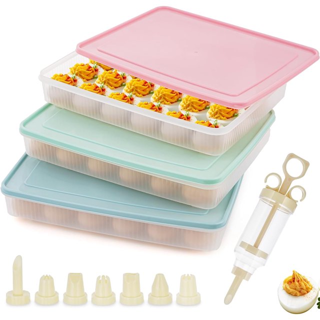 Paquete de 3 recipientes para huevos rellenos de 72 unidades con tapa y 9 herramientas para repostería con inyector de huevos rellenos, organizador de huevos para refrigerador, bandeja de huevos