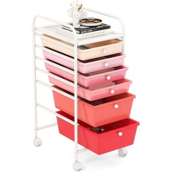 GOFLAME 6-Drawer Rolling Storage Cart, Multifunctional Art Craft Organizer Cart, Mobile Utility Storage Cart with Removable Drawers & Lockable Wheels, Craft Cart for Home Office,School, Gradient Pink