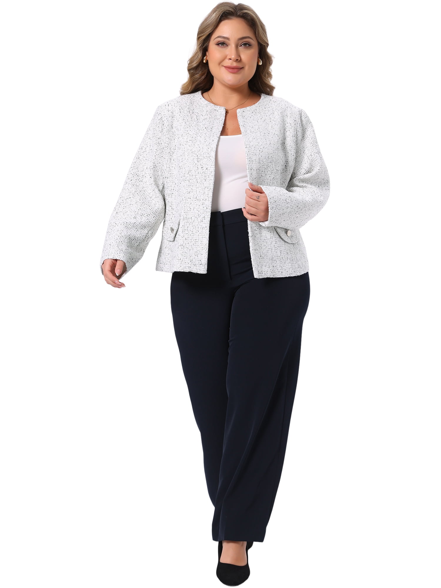 DARING DIVA Women's Plus Size Blazer Collarless Long Sleeve Open Front Jacket 1X Beige