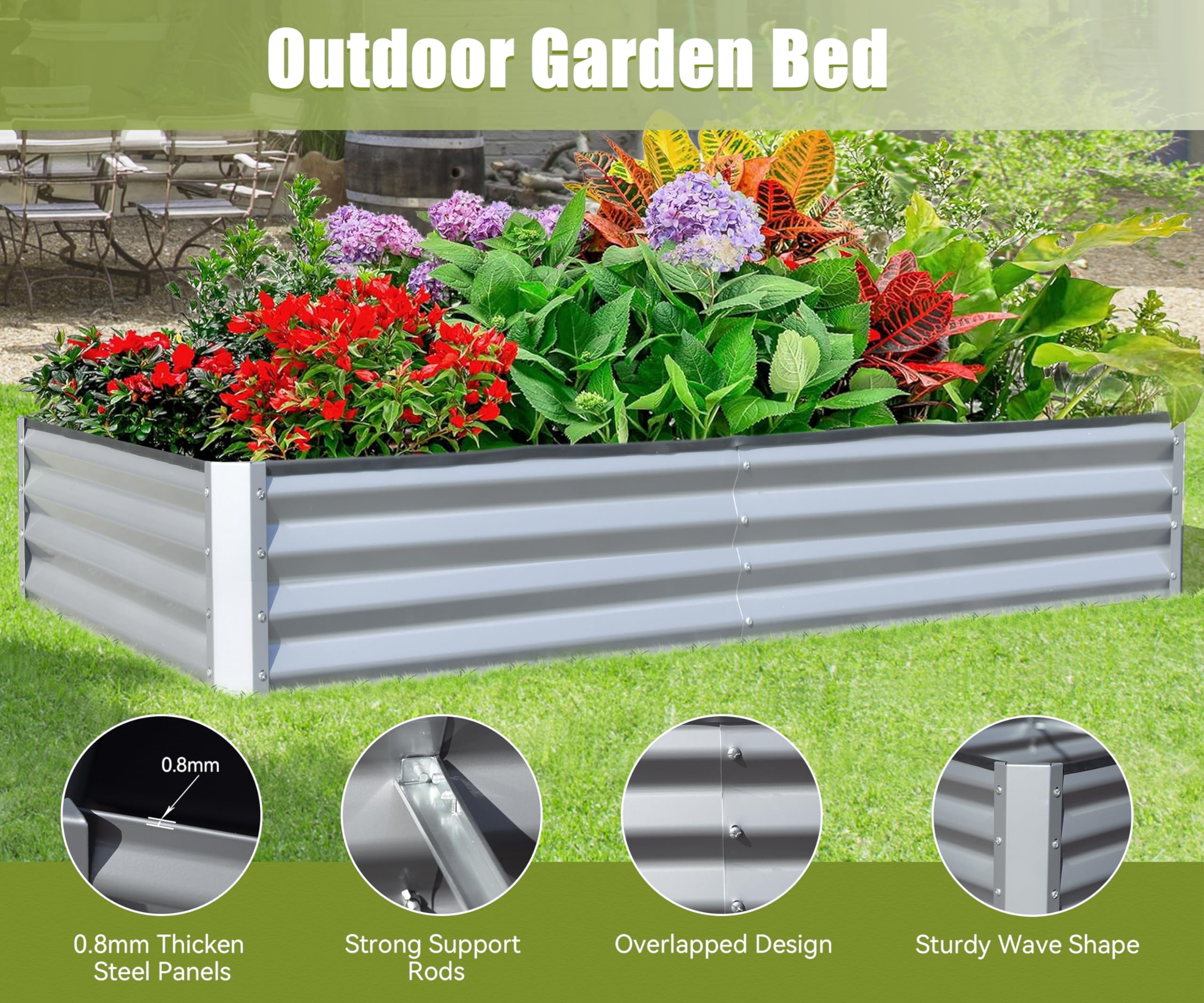 8x4x1 FT Galvanized Raised Garden Bed Outdoor Large Metal Planter Box Rustproof Steel with Support Rods Open Base for Vegetables Fruits Flowers Patio Yard Gardening Silver