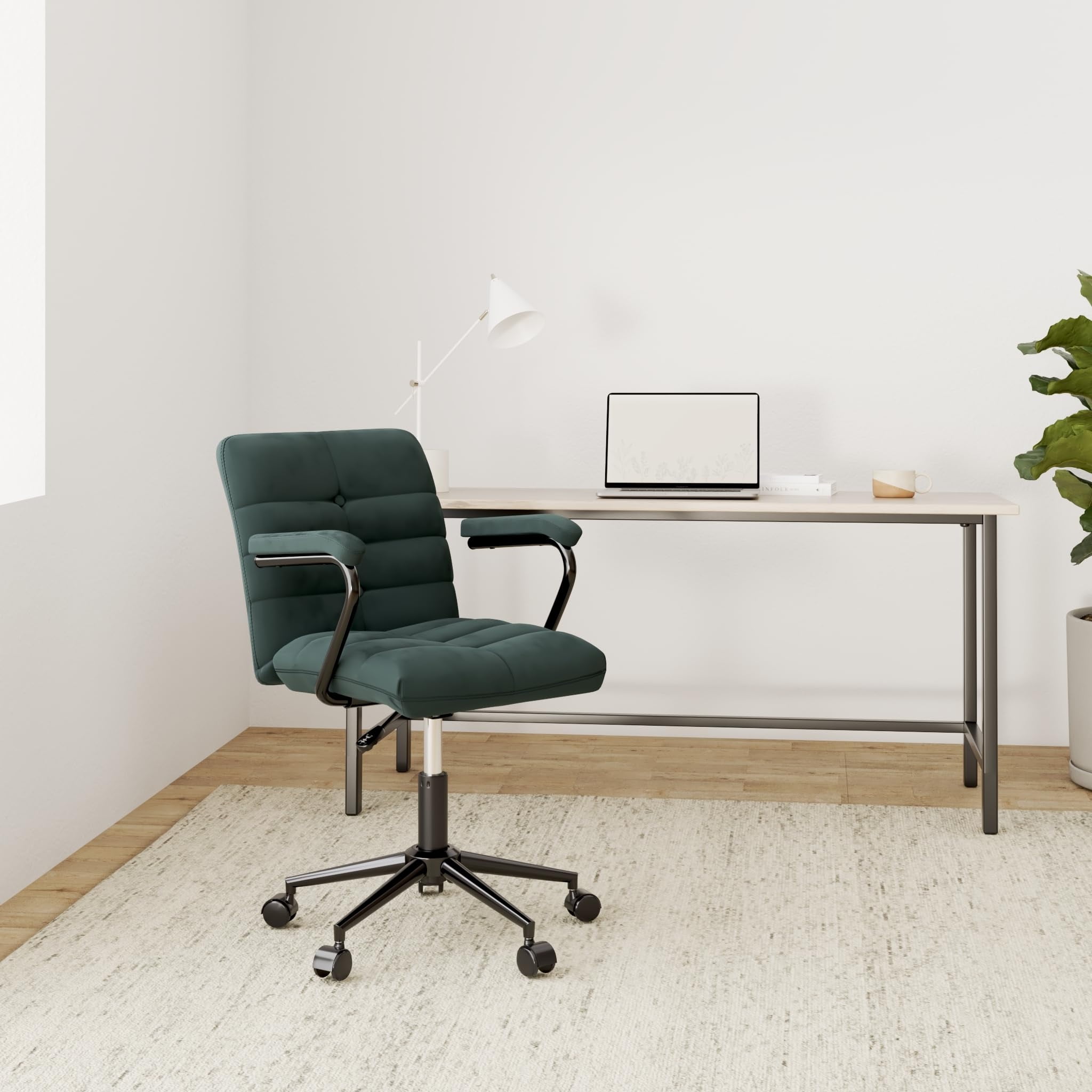 Velvet Desk Chair with Arms, Adjustable Height Home Office Chair, Mid-Back Upholstered Vanity Chair with 360° Swivel and Wheels for Living Room or Study, Dark Green