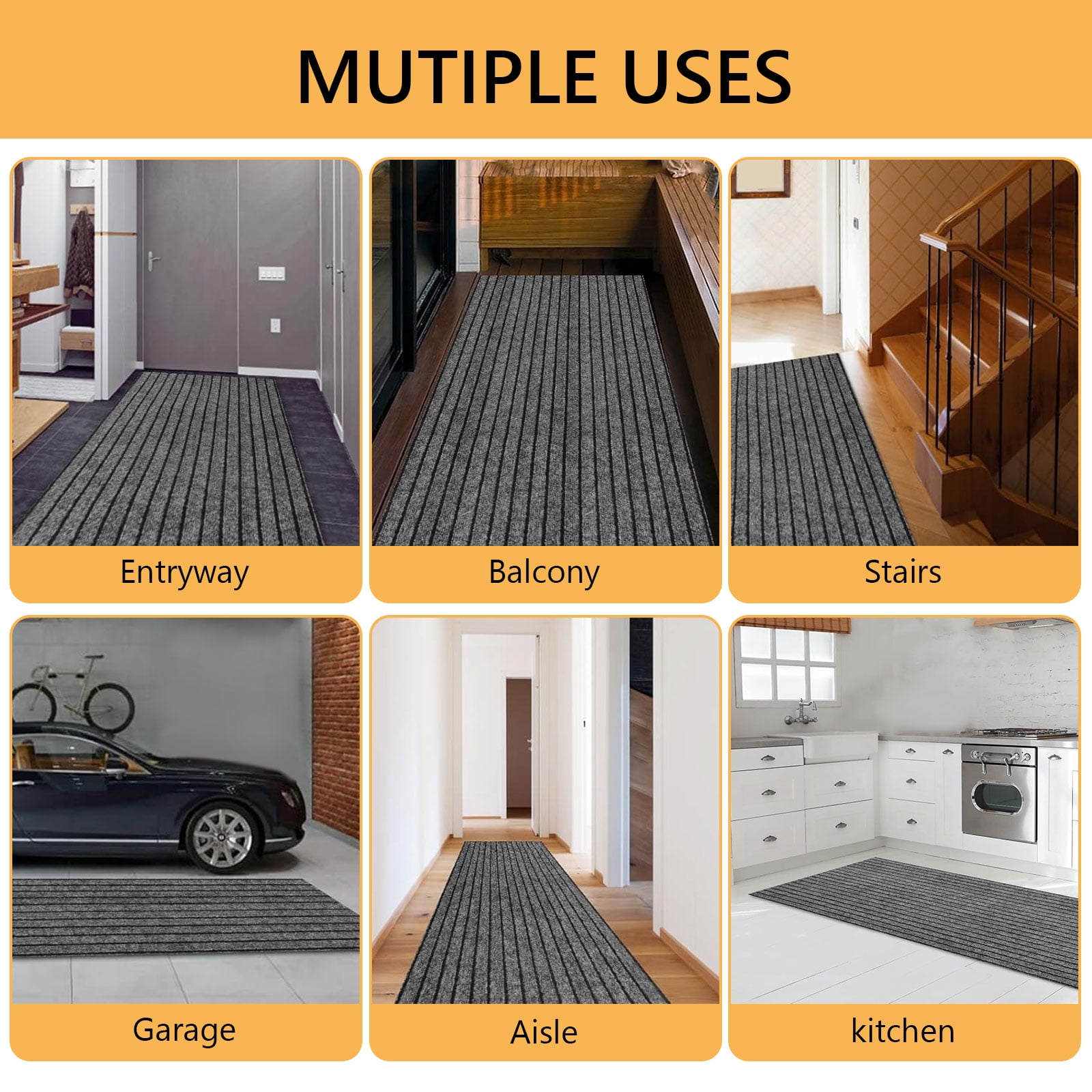 Hengbo Indoor Outdoor Runner Carpet  2 x 6 ft Runner Rugs Rubber Backing Rug for Hallway Entryway Kitchen Laundry Room Grey