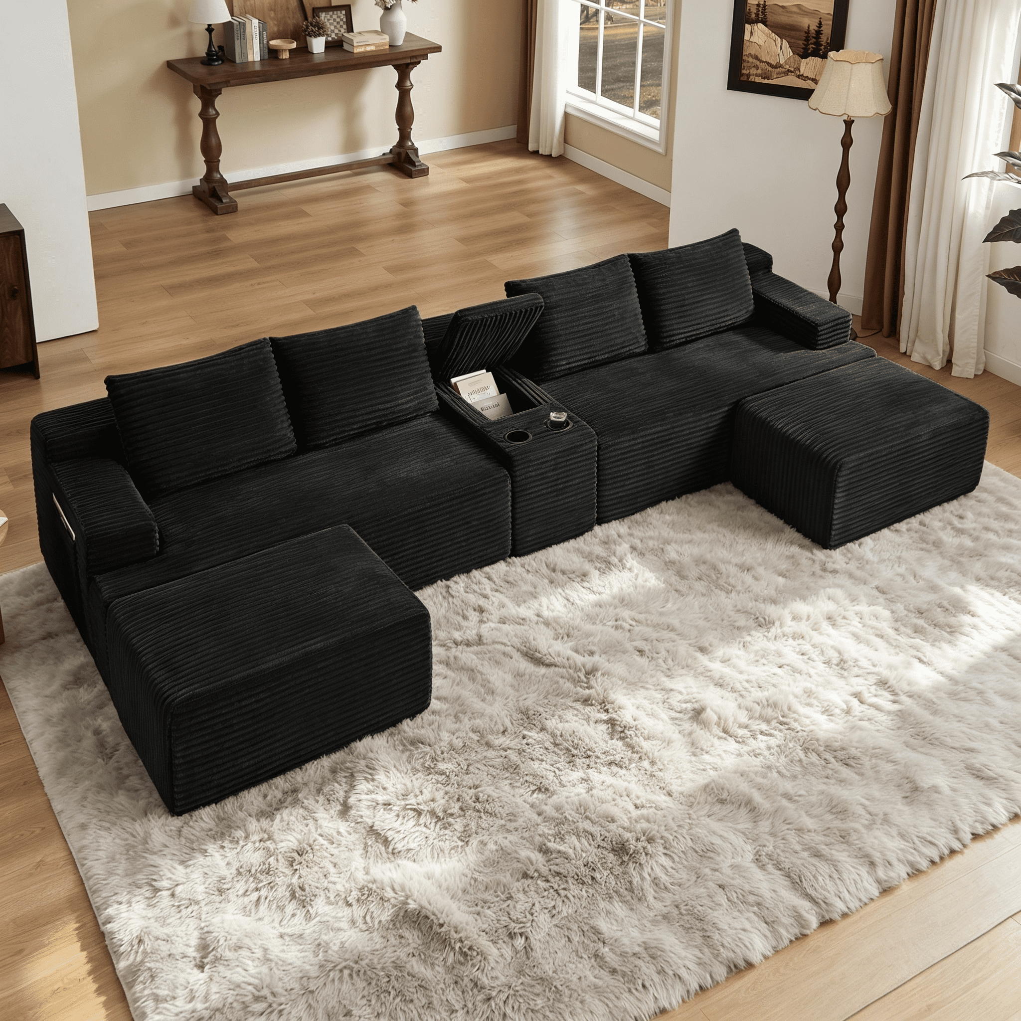 Gewnee 140.6" U‑Shaped Cloud Modular Sectional Sofa, Fluffy Corduroy Deep Seat Couch With Double Chaise Lounge, Storage Central Console & Cup Holders, For Living Room,Black