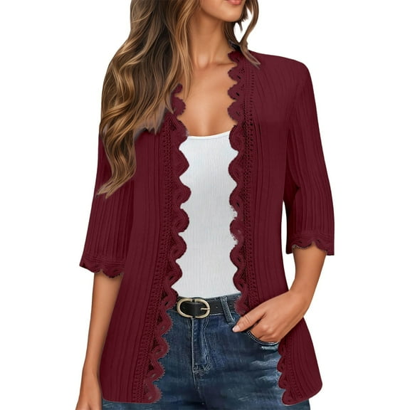 Arlun Womens Lace Knit Cardigans 2025 Fashion Lightweight 3/4 Sleeve Slim Fit Open Front Tops Coat Boho Solid Color Loose Comfy Long Sleeve Fall Lightweight Fashion Cardigan Jackets XL