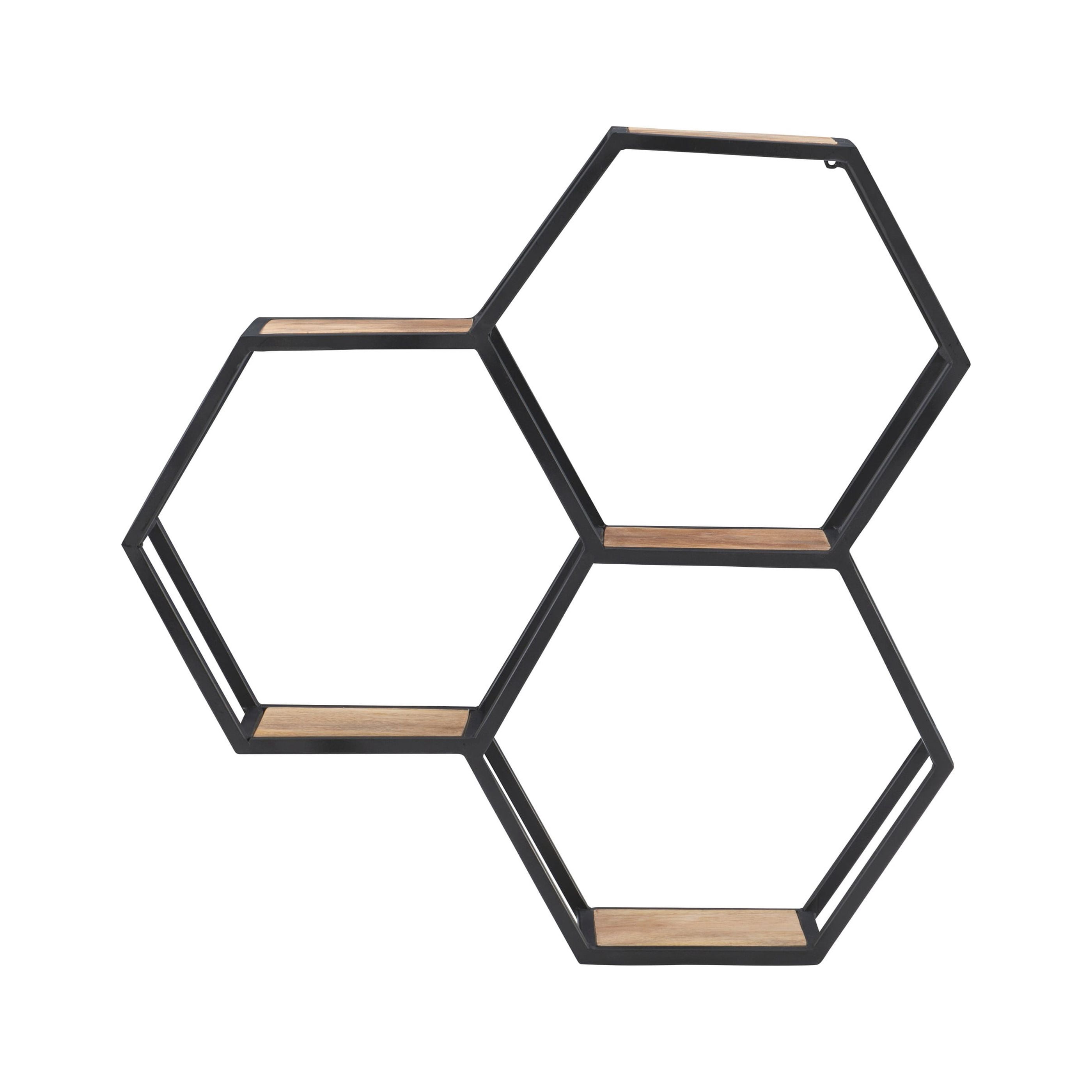 Powell Wilson 3-Compartment Honeycomb Wall Shelves, Black Metal with Natural Mango Wood