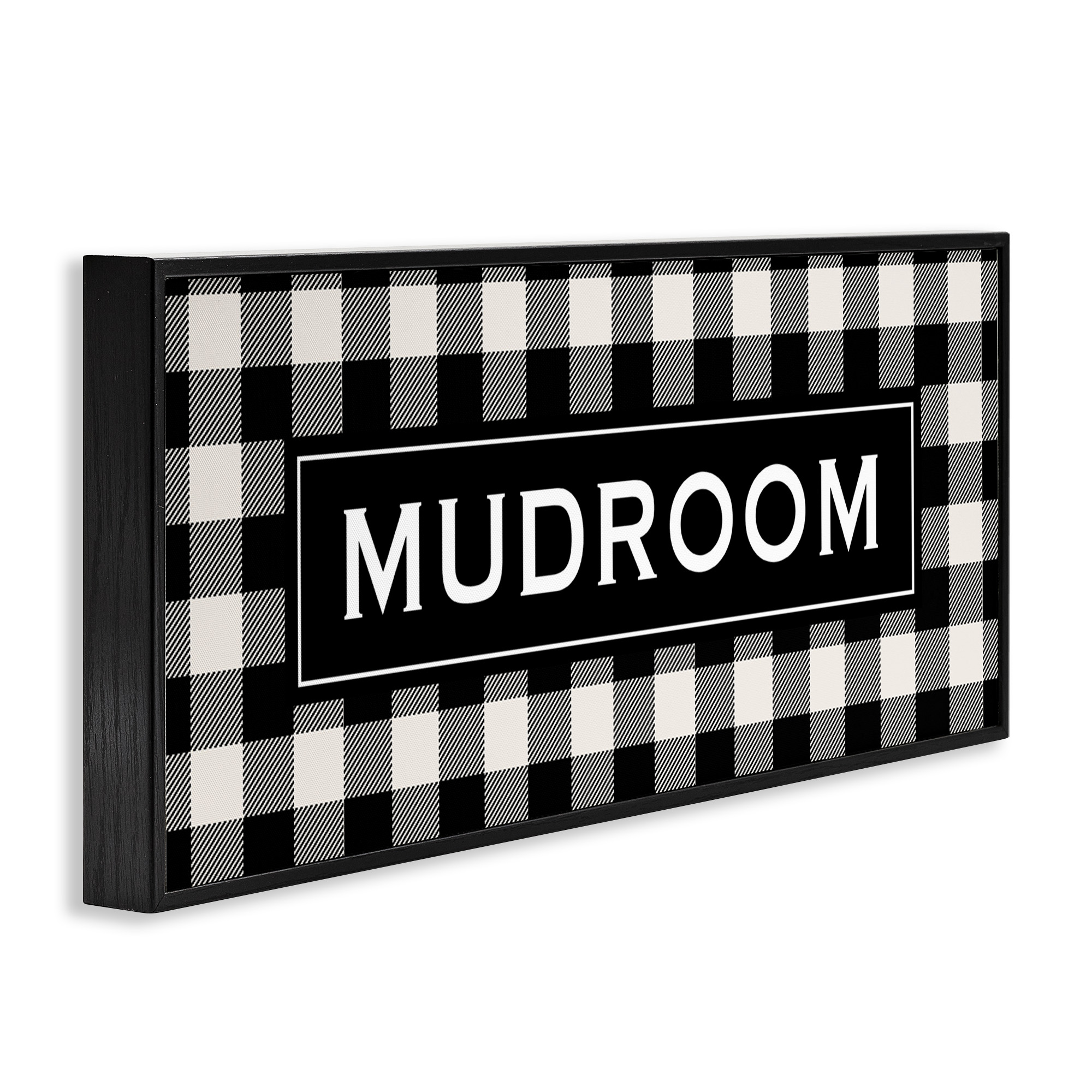 Stupell Industries Mudroom Classic New England Plaid Typography Painting Black Framed Art Print Wall Art, 30 x 13