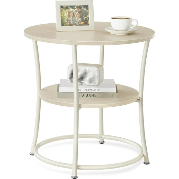 CRXX Side Table, Round End Table with 2 Storage Shelves for Living Room, Bedroom, Nightstand with Steel Frame for Small Spaces, Accent Coffee Table, Natural Beige