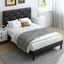 UHOMEPRO Upholstered Platform Twin Bed Frame with Headboard, Modern Black Faux Leather Twin Bed Frame with Wood Slat Support, Mattress Foundation for Adults Kids, No Box Spring Needed