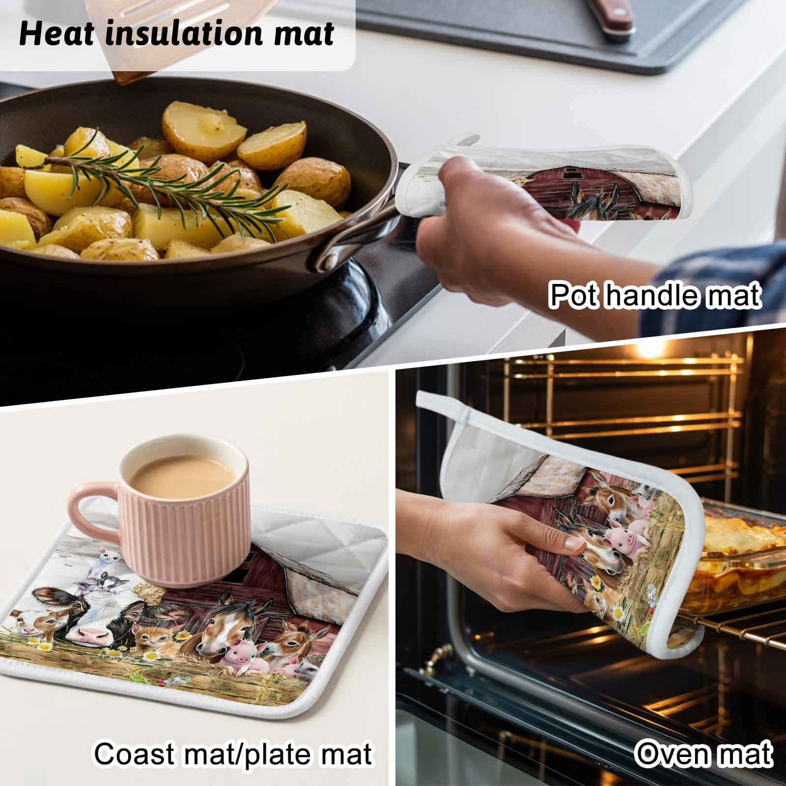 Farmhouse Animals Pot Holders for Kitchen Heatproof Potholder, 2 Pack Cow Pig in Fence Retro Wood Barn Hot Pads Multipurpose Oven Pads Cloth Potholders Trivet for Cooking and Baking