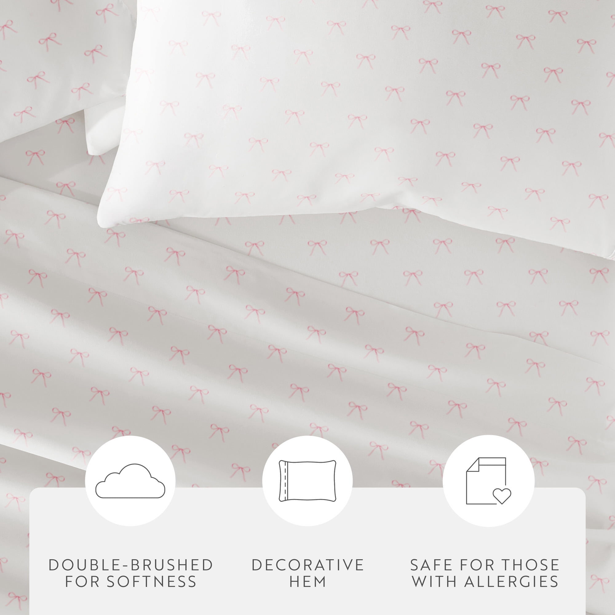 Noble Linens 3 Piece Ditsy Pattern Microfiber Bed Sheets, Pink Bows, Twin