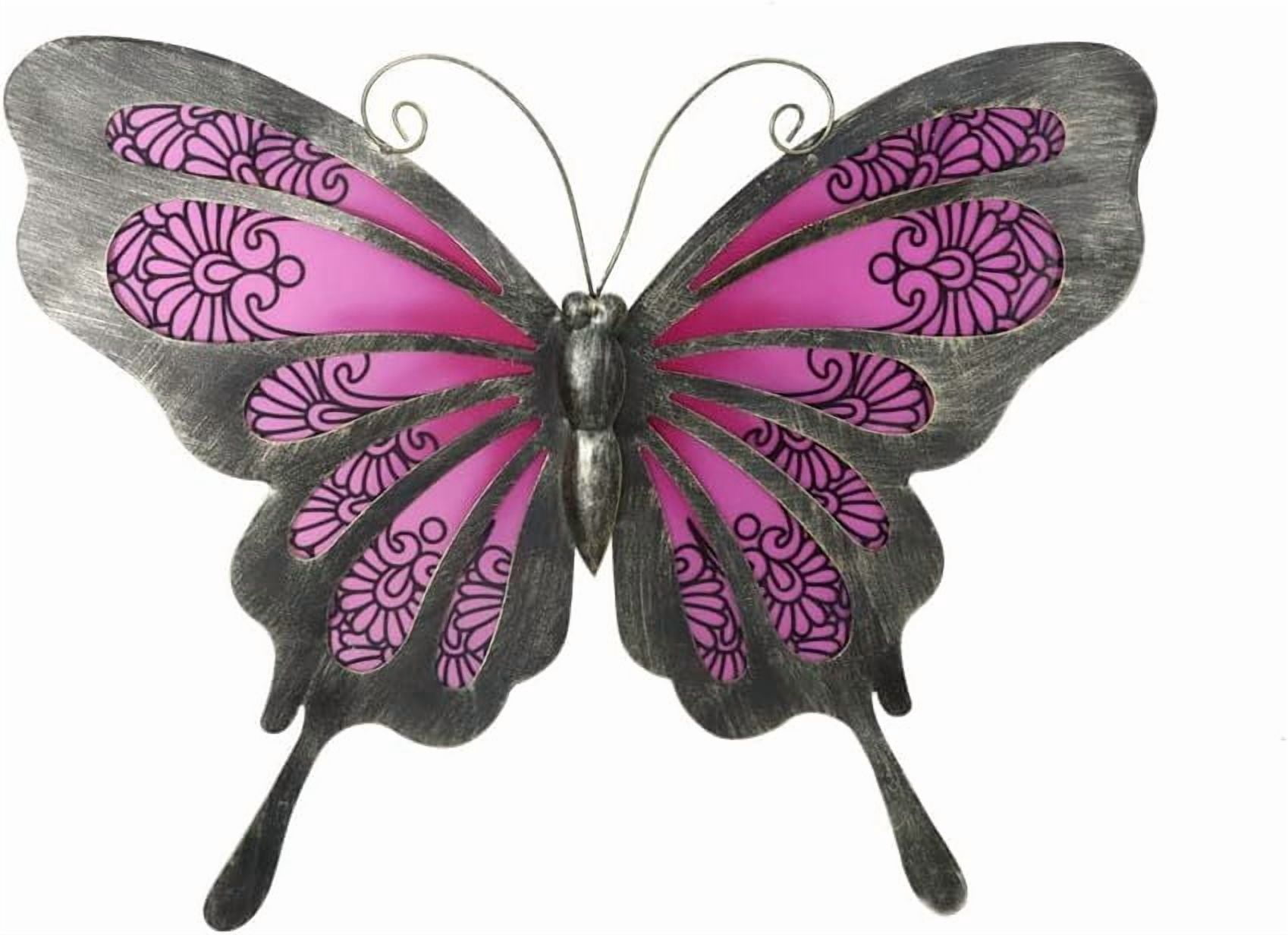 Metal Butterfly Wall Decor 12 Inch Glass Butterfly Outdoor Hanging Garden Decor For Yard Fence Patio Dark Pink