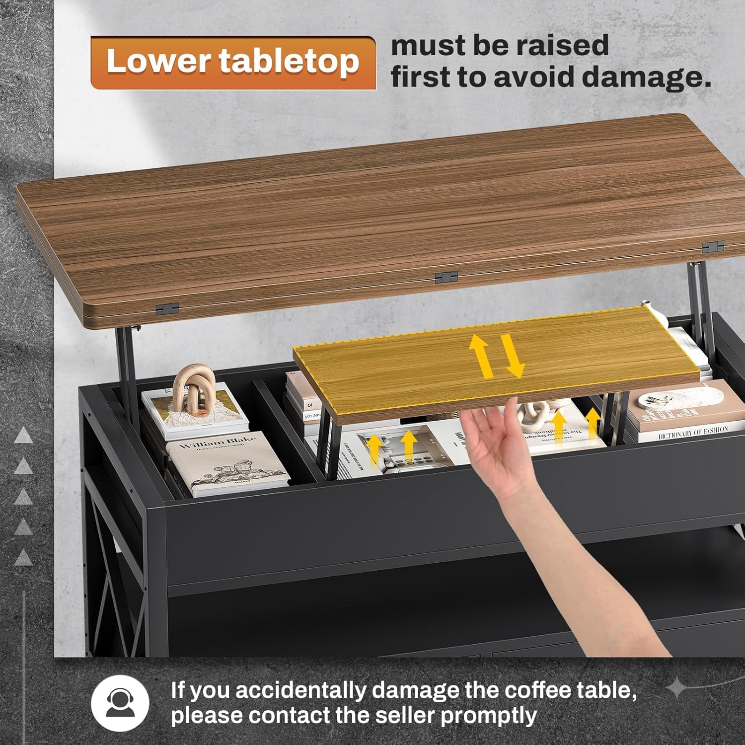 40" Lift Top Coffee Table, 4 in 1 Multifunctional Coffee Tables with Storage for Living Room, Small Coffee Table with 2 Drawers & LED Light for Dining Room, Black & Brown