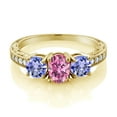 thumbnail image 2 of Gem Stone King 18K Yellow Gold Plated Silver 3-Stone Ring Oval Pink Moissanite and Tanzanite Blue (1.94 Cttw, Size 9), 2 of 4