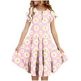 thumbnail image 1 of Zpanxa Robes d'Été pour Filles Manches Courtes Manches Volantées Col Rond Imprimé Floral Taille Poche Robe à Étages Polyester Spandex Rose 8 Ans, 1 of 4