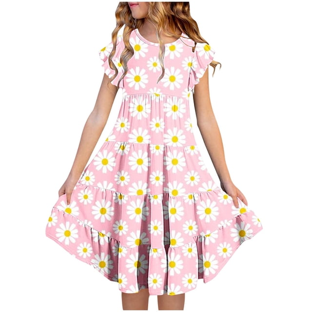 Zpanxa Robes d'Été pour Filles Manches Courtes Manches Volantées Col Rond Imprimé Floral Taille Poche Robe à Étages Polyester Spandex Rose 8 Ans