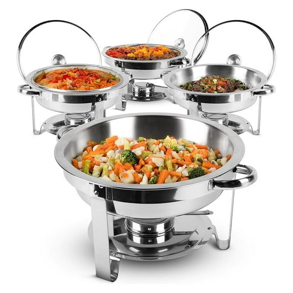 Chafing Dish 5 QT Buffet Server Set - Round Food Warmer with Covers & Folding Stand - Catering Chafer for Parties, Weddings, Buffets (4 Pack)
