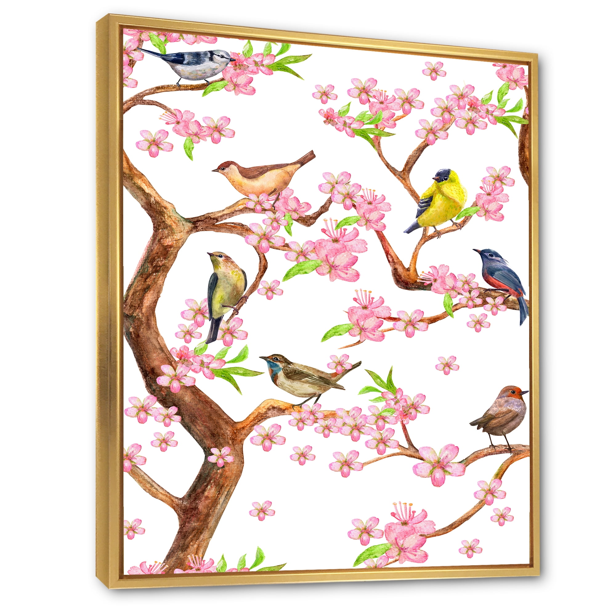 Designart 'Colorful Little Birds On Spring Flowers Tree' Traditional Framed Canvas Wall Art Print