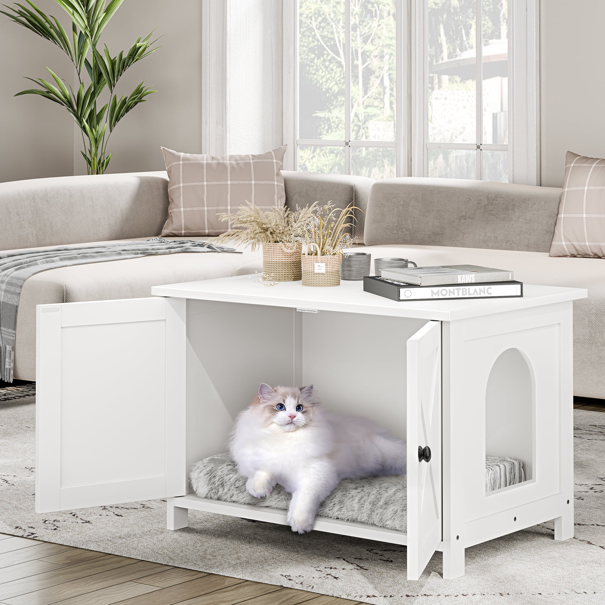 Walsunny Hidden Cat Litter Box Cat Washroom with Double Removable doors and Divider Indoor for Living Room White