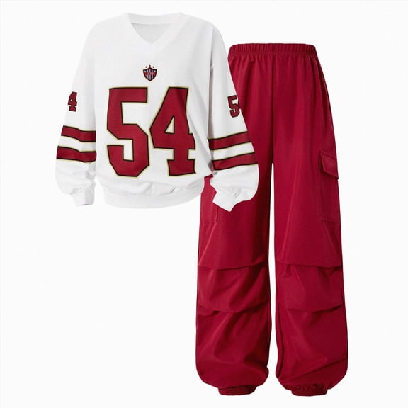 Nwiuh Tween Girls Clothes Long Sleeve Graphic T-Shirt Top Cargo Pants 2pcs Outfit Set (Red, 9-10 Years)