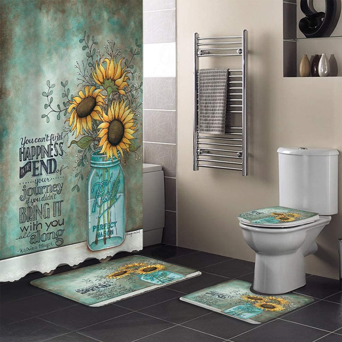 Sunflower Shower Curtain Bathroom Rug Set Bath Mat Non-Slip Toilet Lid Cover 