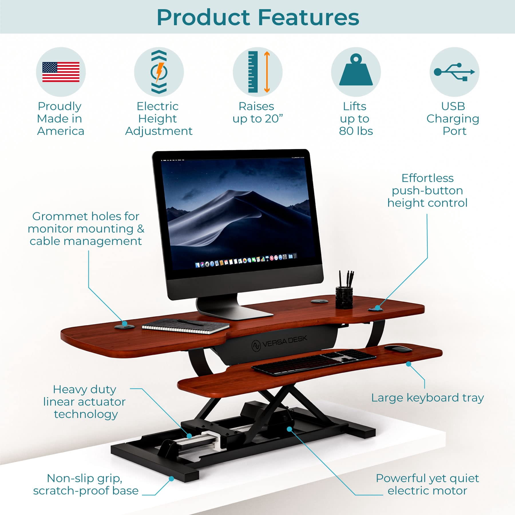 VersaDesk® 48"x24" Extra Wide Electric Height Adjustable Standing Desk Converter for Multi Monitor & Laptop Workstation, Cherry, w/ USB Charging Port