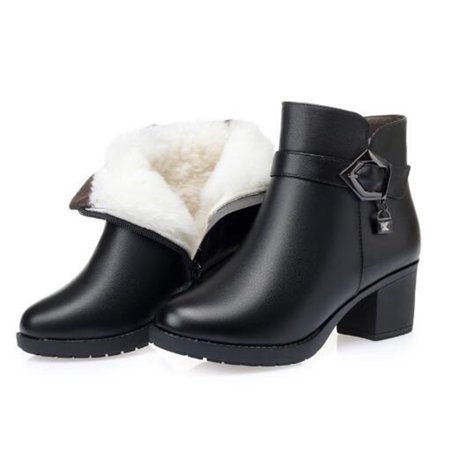 

Egmy Women Shoes Belt Buckle Round Toe Mid Heels Winter Comfortable Warm Casual Thick Fleece Side Zip Black Snow Ankle Boots Black 39